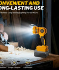 Cordless LED Work Light With Beefy 1000 Lumen Beam, illuminating a workshop bench, compatible with 20V MAX batteries.