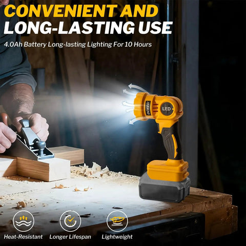 Cordless LED Work Light With Beefy 1000 Lumen Beam, illuminating a workshop bench, compatible with 20V MAX batteries.
