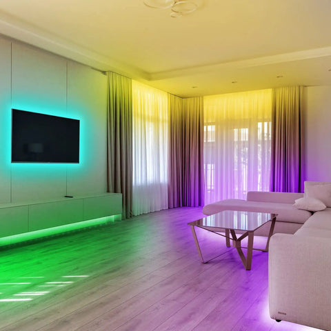 Modern living room with 100 Feet LED Light Strips for Bedroom With Color Changing LED Tape 44 Key Remote illuminating walls