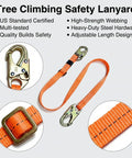 Adjustable Tree Climbing Lanyard With Quick Slide Toggle Built Tough As Nails 3mm Polyester Webbing Fall Restraint Straps For Arborists Double Locking Hooks Ansi Z359 Rigging Gear with heavy-duty steel hardware.