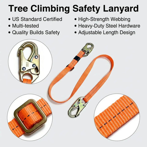 Adjustable Tree Climbing Lanyard With Quick Slide Toggle Built Tough As Nails 3mm Polyester Webbing Fall Restraint Straps For Arborists Double Locking Hooks Ansi Z359 Rigging Gear with heavy-duty steel hardware.