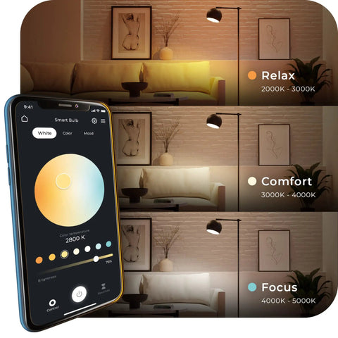 WiFi Smart LED Bulb 10W 60W Equivalent Multicolor RGB Tunable White 2000K To 5000K A19 E26 Frosted color modes and app interface