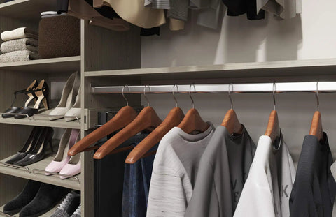 Rock Solid Dual Tower Closet Organizer Kit With Weathered Grey Finish And Slick Wall Mounted Steel Rail System Featuring Game Changing Drawers For Effortless Home Organization And No Fuss Assembly, displaying organized sweaters and shoes.