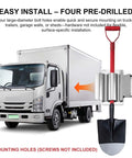 Spring Loaded Stainless Steel Shovel Holder Built For Heavy Duty Tool Racks On Dump Trucks Trailers Garages And Sheds Keeps Shovels Rakes Hoes And Snow Tools Secure On Walls With Easy Four Pre Drilled Mounts shown mounted on a truck beside a shovel