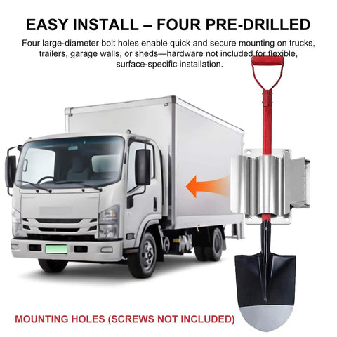Spring Loaded Stainless Steel Shovel Holder Built For Heavy Duty Tool Racks On Dump Trucks Trailers Garages And Sheds Keeps Shovels Rakes Hoes And Snow Tools Secure On Walls With Easy Four Pre Drilled Mounts shown mounted on a truck beside a shovel