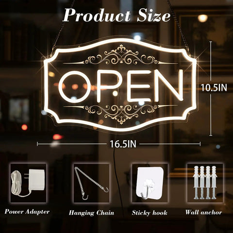 Lit Neon Open Sign For Business With Dimmable LED Warm White Glow, 16.5 by 10.5 inch, includes 12V 2A adapter, hanging chain, sticky hook, wall anchor