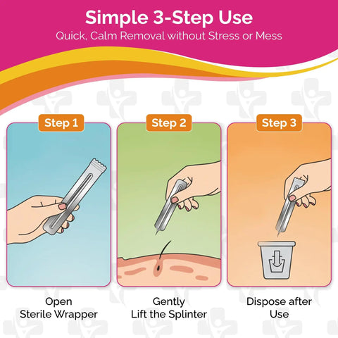 Simple 3-step splinter removal instructions for Kid Friendly Splinter Removal Kit 30 Pack Gentle Single Use Splinter Removers