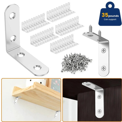 50 Piece Kickass Stainless Steel L Shaped Corner Brackets Heavy Duty 90 Degree Right Angle Support Hardware For Hassle Free Furniture Assembly And Wall Panel Reinforcement Solid Workhorse Build with screws and shelf support.