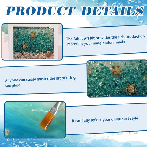 DIY Mosaic Kit For Adults With Sea Glass And Resin, Turtle design details with sea glass tiles and resin application brush