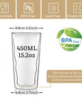 Heavy Hitting Double Wall Glass Coffee Tumblers Set Of Two features 450ml capacity and BPA-free borosilicate material.