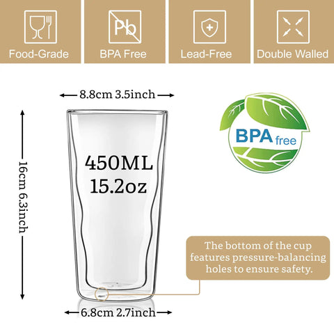 Heavy Hitting Double Wall Glass Coffee Tumblers Set Of Two features 450ml capacity and BPA-free borosilicate material.