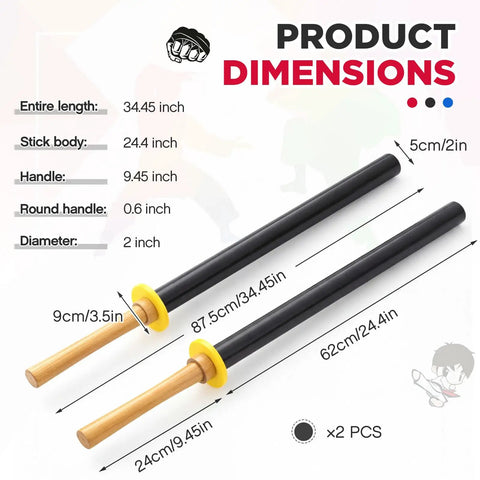 Diagram showing dimensions of 2 Pack 33.5 Inch Foam Swords For Adults, with black foam blades and wood handles