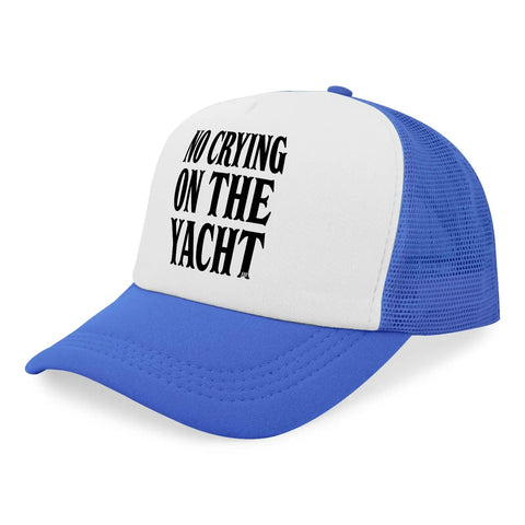 Royal Blue Trucker Hat For Women And Men Vintage Style Breathable Mesh Cap Unisex Outdoor Cap with 'No Crying on the Yacht' text.