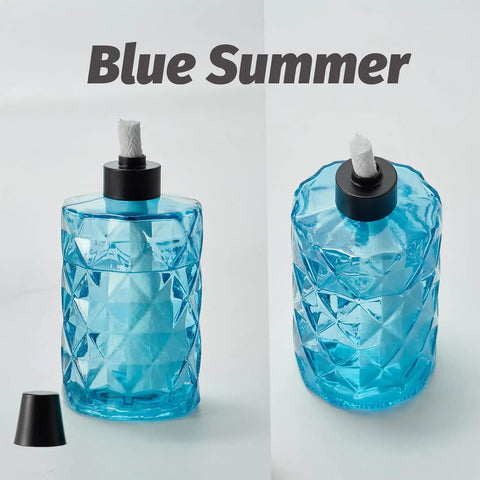 Blue summer glass torch with wick and cap, 4 Pack Glass Table Top Torches With Wick And Cap, Multicolor Citronella Lanterns For Outdoor Yard Patio Deck Garden
