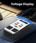 Car Power Inverter DC 12V To 110V AC Converter With Dual AC Outlets And 65 Watt USB C Fast Charger display on vehicle console