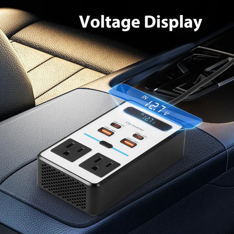 Car Power Inverter DC 12V To 110V AC Converter With Dual AC Outlets And 65 Watt USB C Fast Charger display on vehicle console