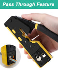 Hand holding Pass Through RJ45 Crimp Tool Kit With Cable Tester for Cat6 Cat6a Cat5e Cat5, showing pass-through feature detail