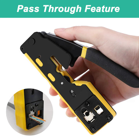 Hand holding Pass Through RJ45 Crimp Tool Kit With Cable Tester for Cat6 Cat6a Cat5e Cat5, showing pass-through feature detail