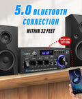 AK45 300W Dual Channel Bluetooth Stereo Power Amplifier For Home Theater And Karaoke with two passive speakers and remote.