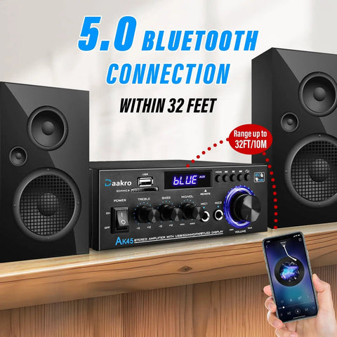 AK45 300W Dual Channel Bluetooth Stereo Power Amplifier For Home Theater And Karaoke with two passive speakers and remote.