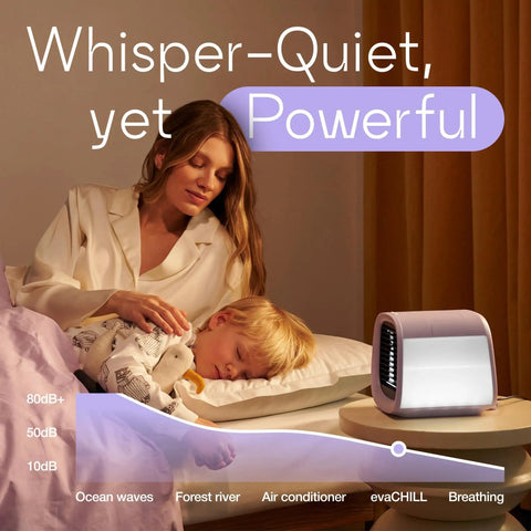 Kickback Portable Evaporative Air Cooler AC Unit With Four Speed Settings And One Button Control To Beat The Heat At Your Desk Car Or Tent While Trapping Dust And Serving Always Fresh Air Whenever You Pull Up next to a sleeping child and relaxed parent.