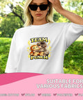 Woman wearing white T-shirt with "Team Punch" graphic for Six Pack 7x7 Inch Iron On Transfers For T Shirts And Hoodies DTF Heat Press Stickers Square 18cm Each For Center Chest Or Bold Back Prints Bulk Custom Apparel Decals For The Squad.