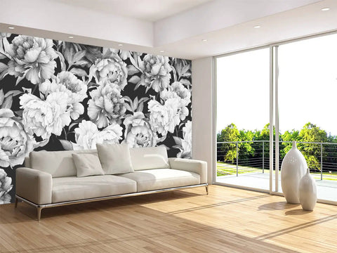 Black And White Peonies Watercolor Floral Mural Wallpaper For Bedroom And Living Room Not Peel And Stick Requires Paste For Installation Easy To Cut In 8 Strips Durable Fleece Backed Design For A Fresh Bedroom Or Living Room Vibe installed in a modern living room with large sofa and floor-to-ceiling windows