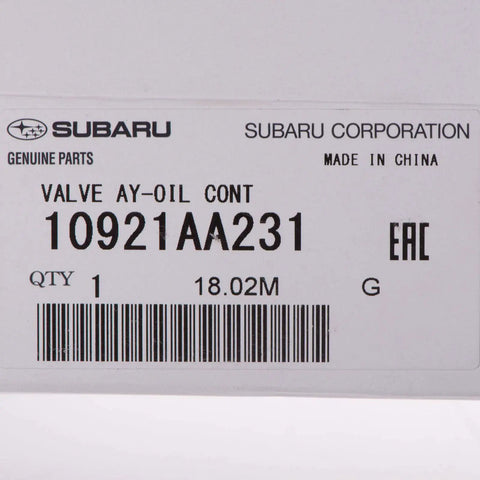 Product label showing Oil Control Valve For Subaru Engines 10921AA231 OEM Standard Replacement details.