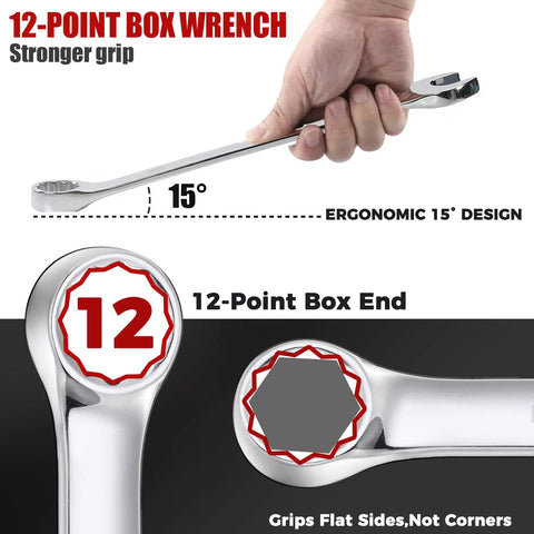 Close-up of 12-point box wrench with ergonomic 15° design, part of 32 Piece Chrome Vanadium Wrench Set With 12 Point SAE And Metric Wrenches.