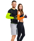 Unisex UV Protection Arm Sleeves Set 12 Pairs Long Cooling Cover For Outdoor Adventures, shown on two people in neon and orange sleeves