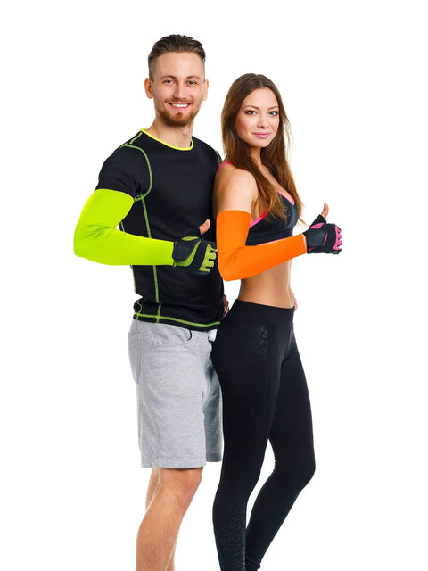 Unisex UV Protection Arm Sleeves Set 12 Pairs Long Cooling Cover For Outdoor Adventures, shown on two people in neon and orange sleeves