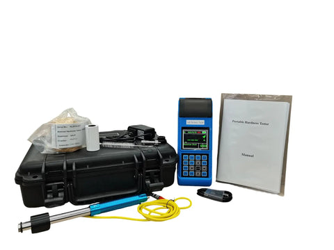 Portable Digital Leeb Rebound Hardness Tester With G Probe features clear TFT display, testing equipment, and manual.