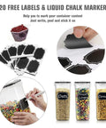 Six Piece Cereal Storage Set With Airtight 4L Plastic Canisters BPA Free For Flour Sugar And Cereal Includes Cereal Dispensers 20 Labels And Chalk Marker Measuring Cup Black; labels, chalk marker, and filled canisters displayed