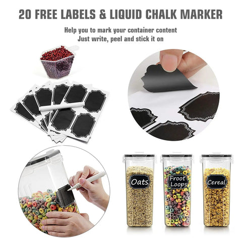 Six Piece Cereal Storage Set With Airtight 4L Plastic Canisters BPA Free For Flour Sugar And Cereal Includes Cereal Dispensers 20 Labels And Chalk Marker Measuring Cup Black; labels, chalk marker, and filled canisters displayed