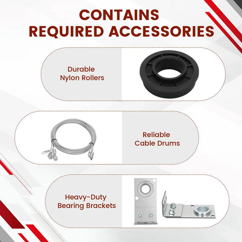 Heavy Duty Trailer Ramp Door Spring Kit TSAP780 accessories: nylon rollers, cable drums, bearing brackets for 7ft trailers.
