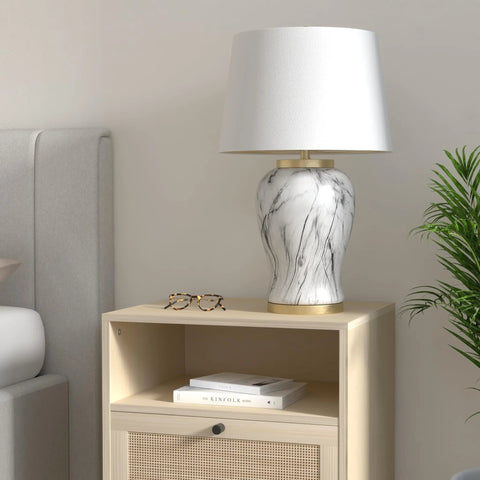 28-Inch White And Gold Ceramic Marble LED Table Lamp With Hand-Painted Faux Marble Base And White Linen Drum Shade For Living Room And Bedroom LED Bulb Included