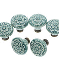 Vintage Ceramic Drawer Knobs Set With Antique Round Cabinet Pulls, Single Hole Design, Six Piece Retro Flower Pattern