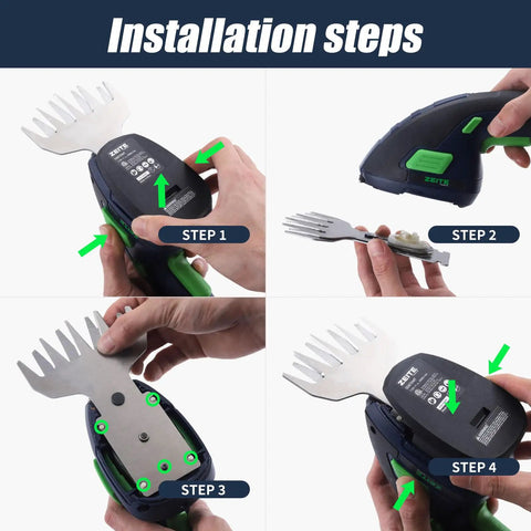 Installation steps for 7.2V Cordless Grass Shear And Shrub Trimmer 2 In 1 Mini Hedge Cutter with handle and battery
