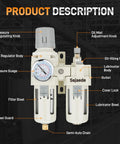 3/8 Inch NPT FRL Air Filter Regulator Lubricator Unit With Semi Auto Drain and Pressure Gauge Oil Water Separator PTFE Tape Included