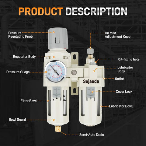 3/8 Inch NPT FRL Air Filter Regulator Lubricator Unit With Semi Auto Drain and Pressure Gauge Oil Water Separator PTFE Tape Included