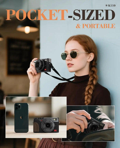 Woman holding a 5K Digital Camera for Photography With 64MP Photos and 5K Video Autofocus 18X Zoom 3 Inch 180 Degree Flip Screen