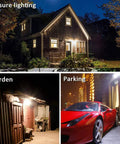 Next Level Bright LED Barn Light Dusk To Dawn Outdoor Yard Light With Photocell illuminating house, garden, and parking area at night