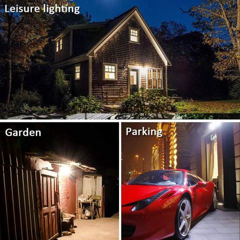Next Level Bright LED Barn Light Dusk To Dawn Outdoor Yard Light With Photocell illuminating house, garden, and parking area at night