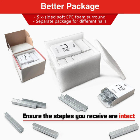 Heavy Duty T50 Staples And 18 Gauge Brad Nails Combo Kit packaging with EPE foam protection.