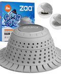 Hassle Free Shower Drain Hair Catcher For Tub And Sink Using Heavy Duty Mesh Strainer Design traps lint, in gray with packaging.