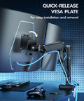 Heavy Duty Dual Monitor Arm For Ultrawide Screens 17 To 45 Inch Full Motion Tilt showcasing quick-release VESA plate installation.
