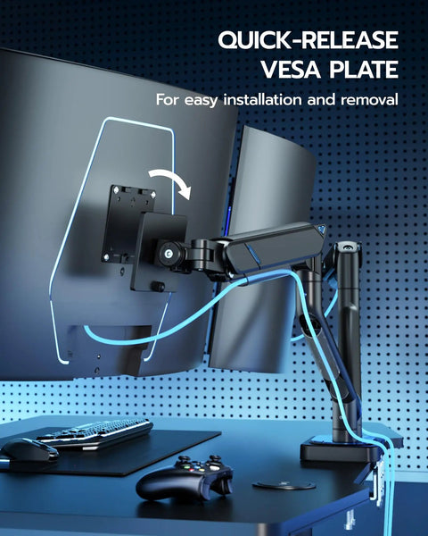Heavy Duty Dual Monitor Arm For Ultrawide Screens 17 To 45 Inch Full Motion Tilt showcasing quick-release VESA plate installation.