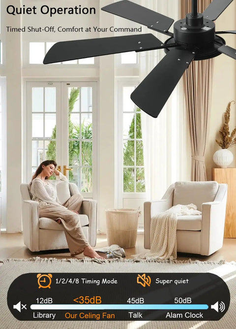 52 Inch Low Profile Ceiling Fan With Lights Remote And App Control 3 CCT Dimmable 6 Speed Ultra Quiet DC Motor in living room