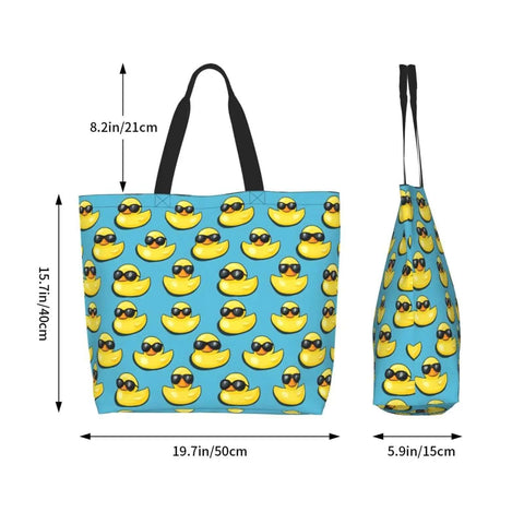 Big Lightweight Tote For Women With Cool Duck Sunglasses Print Reusable Foldable Travel Shoulder Bag Water Repellent Polyester Everyday Carry For Work Shopping And Daily Errands, dimensions shown.