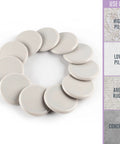 Medium Round Reusable Carpet Furniture Sliders Set Of Sixteen Three And A Half Inch Anti Slip Moving Pads For Beds Sofas Dressers Easy Glide And Carpet Protection Beige displayed in a circle with usage options on side, including high pile, low pile, area rugs, and concrete.